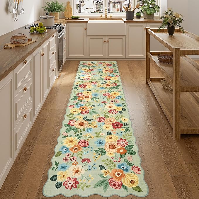 DUKINO 2.6x10 Runner Rug for Hallway, Lightweight Washable Floral Kitchen Rug