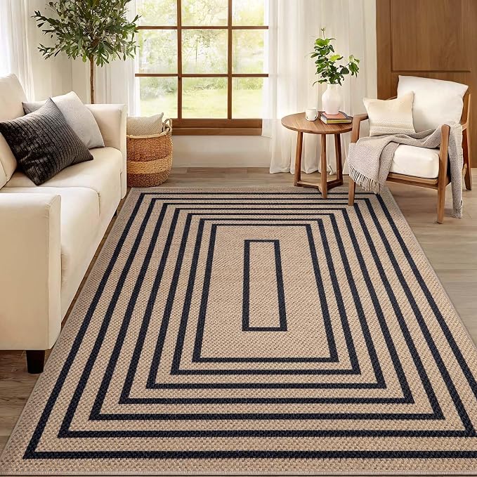 Tangsoo Easy Jute 3x5 Area Rug for Living Room, Non-Slip Black Thin Indoor