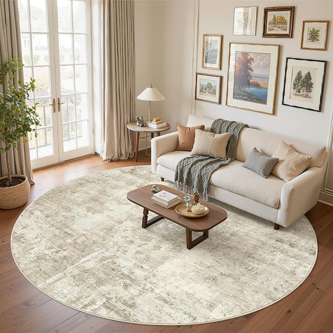 Soalmost 9x9 Beige Gray Round Rug 9ft Living Room Circle Rug Vintage Round Area