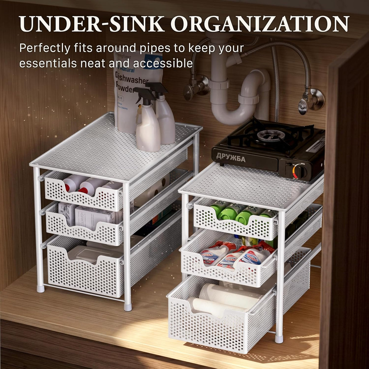 Simple Houseware 3 Tier White Alloy Steel Sliding Basket Organizer Drawer Cabinet