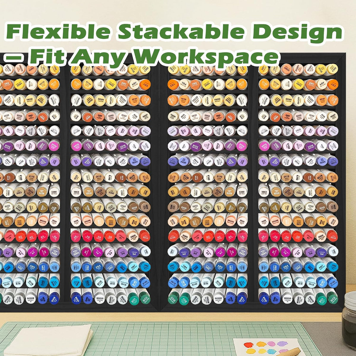 PROLEE Marker Organizer for 224 Markers, Wooden Alcohol Marker Holder with 32 Compartments, Horizontal Art Pen and Pencil Storage Rack for Desk, Classroom and Studio, Black
