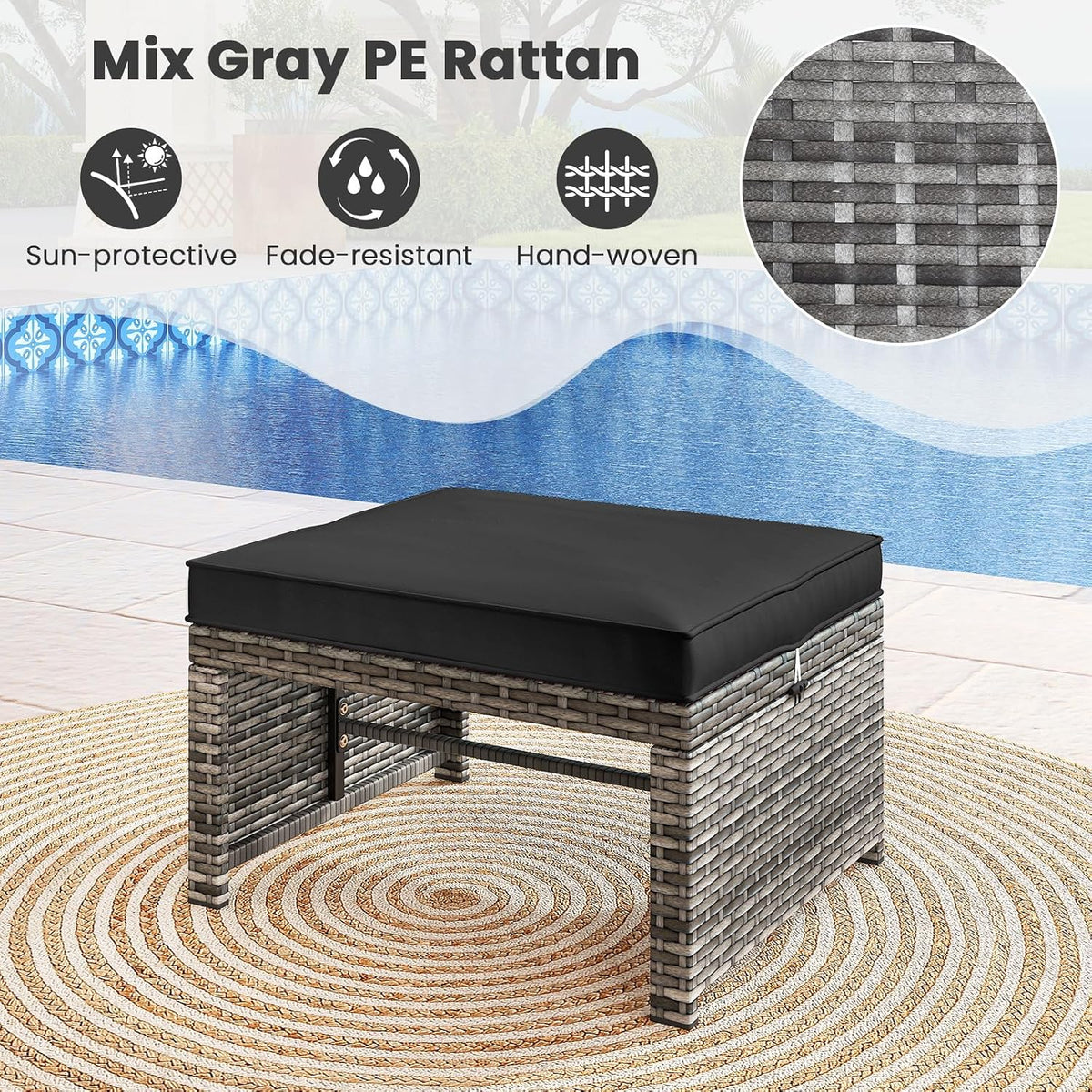 RELAX4LIFE Wicker Outdoor Ottoman Set of 2 - Rattan Footstools Foot Rest w/Removable Cushions, Multipurpose Side Table & Additional Seating, Outdoor Ottomans for Patio Garden Porch (Grey-Black)