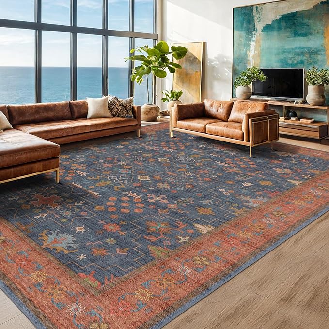 Hazo Haus Washable Navy Blue Living Room Rug, 7x10 Area Rug