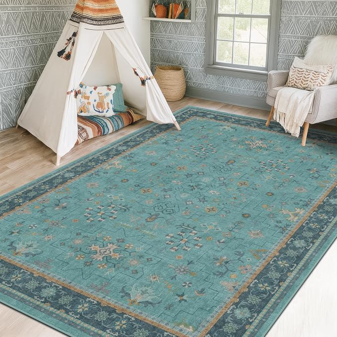 Washable 5x8 Teal Rug for Living Room, Boho Area Rugs for Bedroom Under Bed
