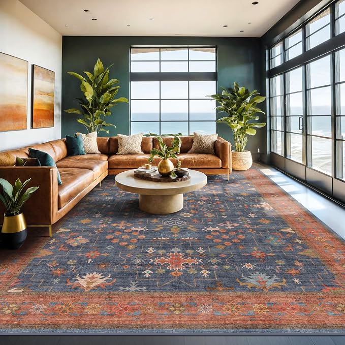 Hazo Haus Washable Navy Blue Living Room Rug, 7x10 Area Rug