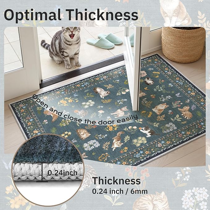Soalmost Cat 3x5 Area Rugs for Entryway, Machine Washable Animal Floral Accent