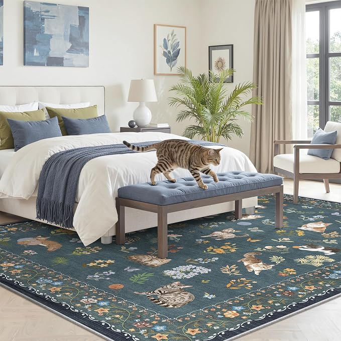 Soalmost Cat 5x7 Area Rugs for Living Room, Machine Washable Animal Floral