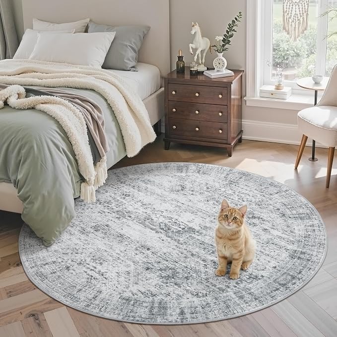 Soalmost 5x5 Grey Round Rug 5ft Living Room Circle Rug Vintage Gray Round Area