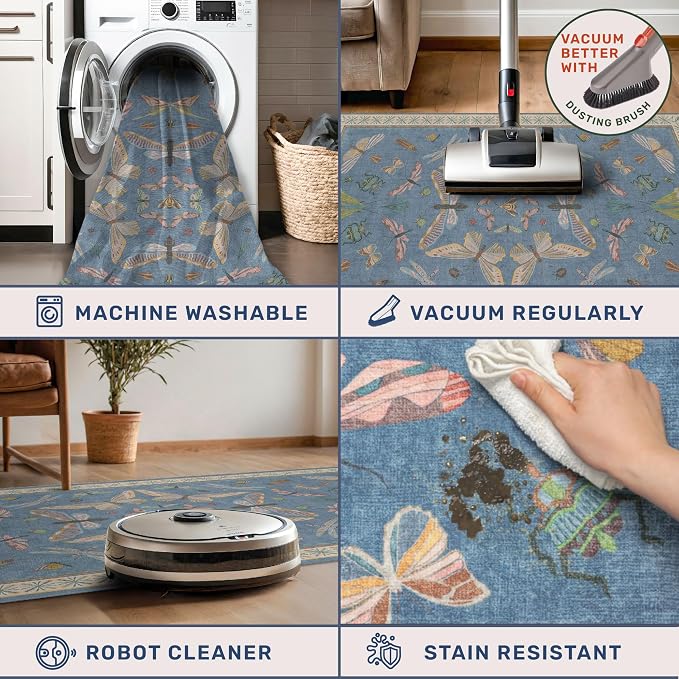Blue Vintage Insect Runner Rug for Hallway 3x12, Washable Non Slip Kitchen Sink