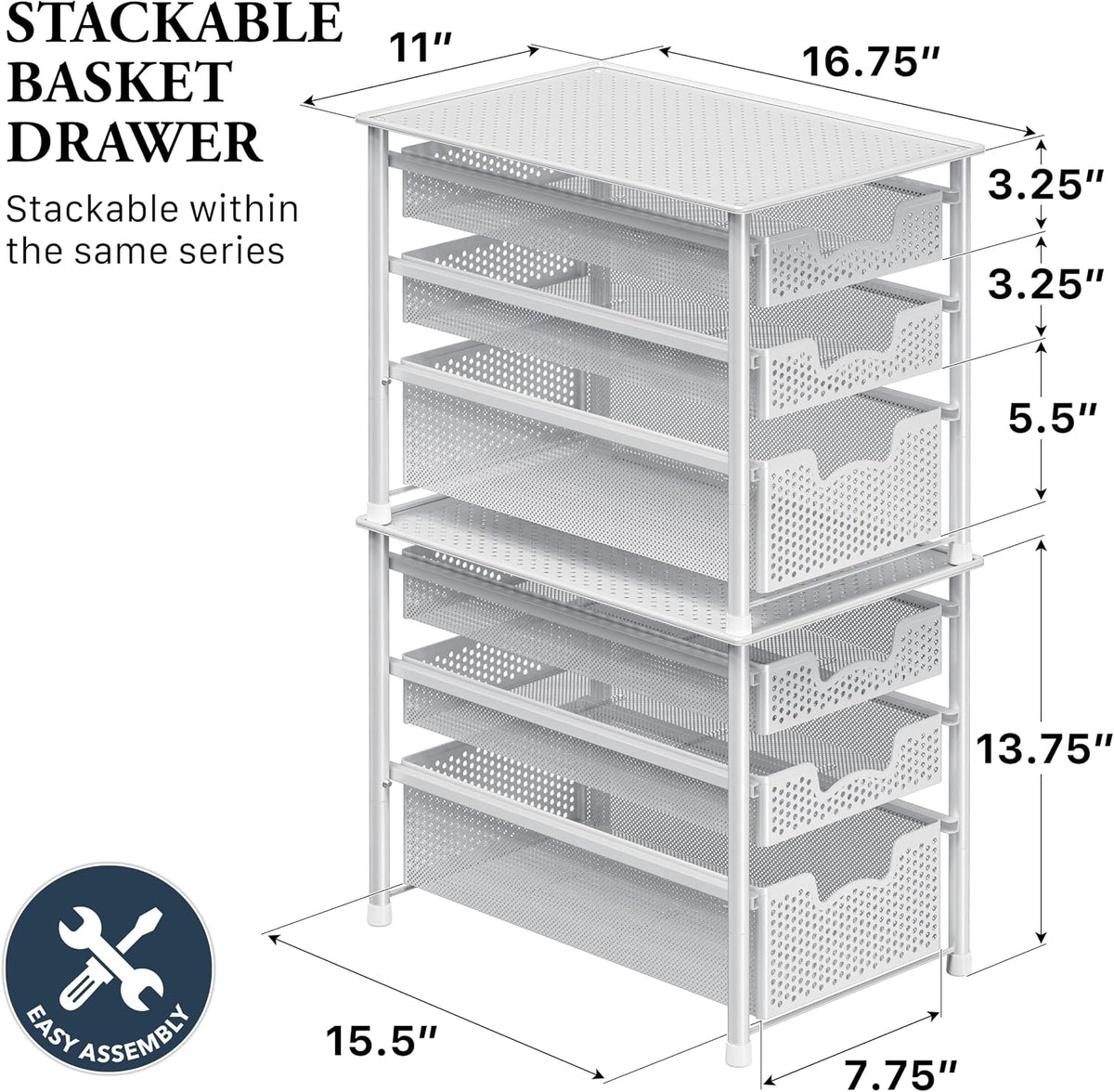 Simple Houseware 3 Tier White Alloy Steel Sliding Basket Organizer Drawer Cabinet