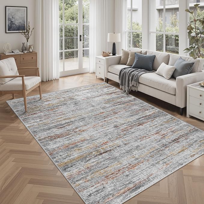 5x7 Area Rugs - Ultra-Thin Washble Rugs, Non-Slip Low Pile Abstract Print Rugs