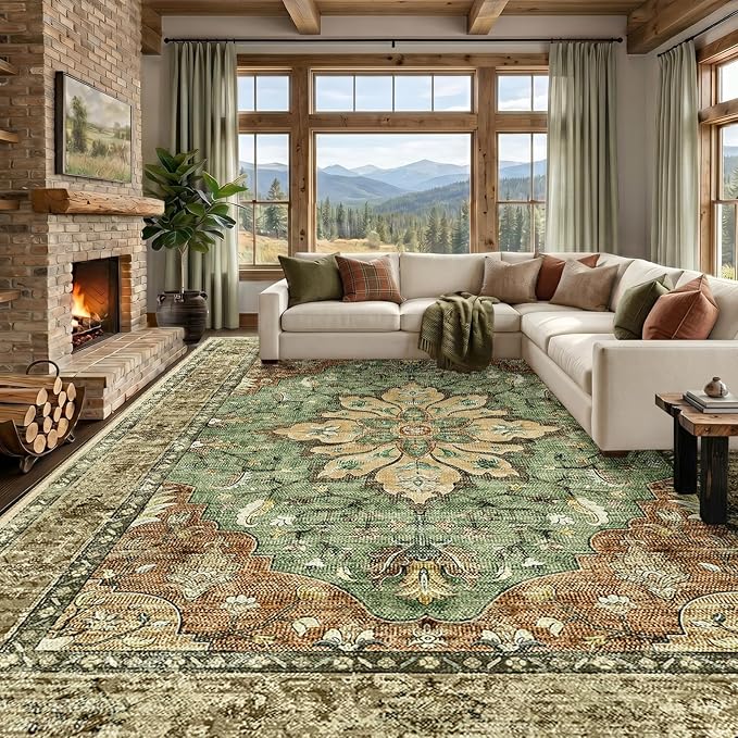 RELEANY Area Rugs Large 10'x12' Washable Non-Slip, Floral Vintage Distress