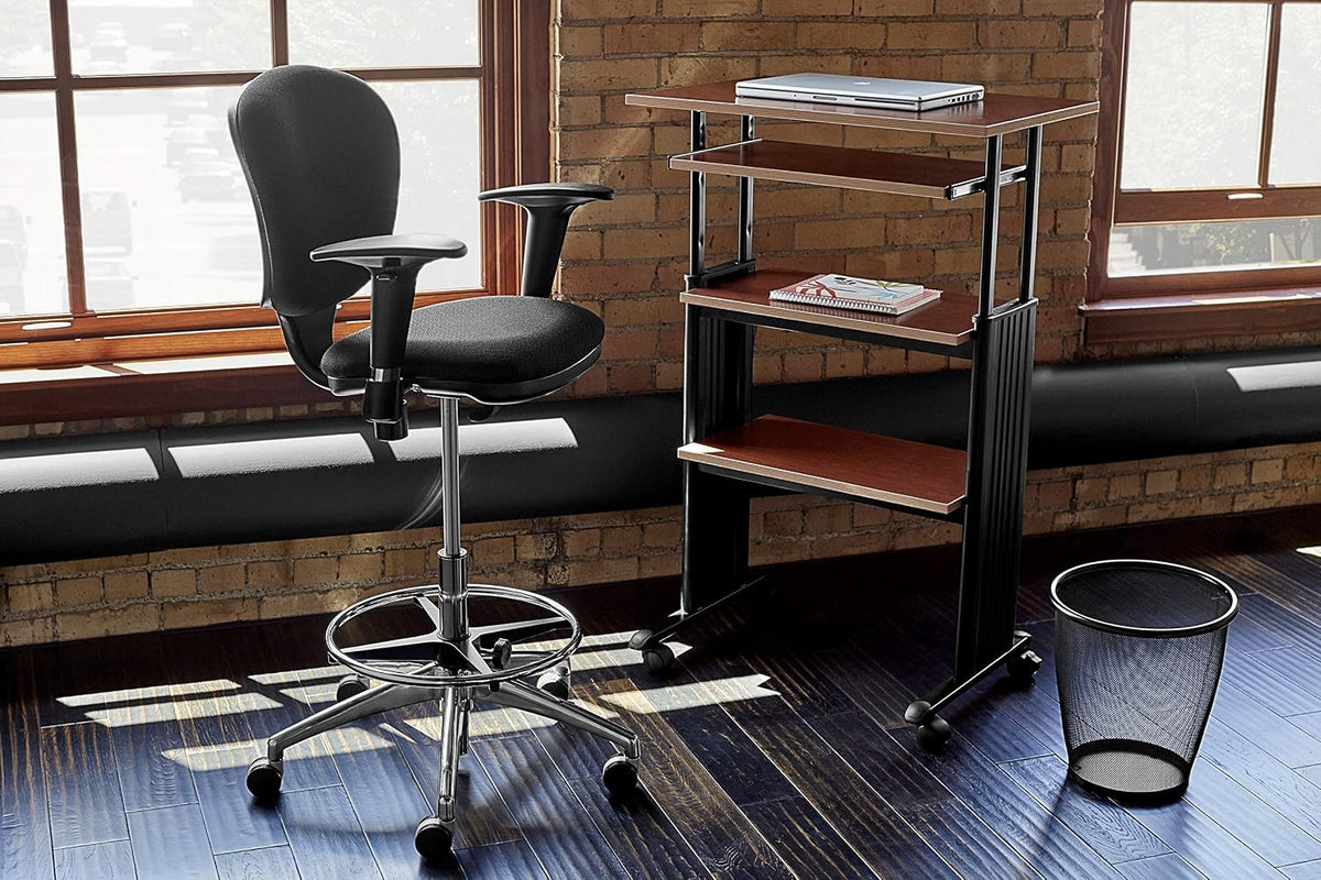 Safco 1929CY MUV Mobile Stand-Up Height-Adjustable Desk,Keyboard Storage, Steel Frame Construction, Durable Melamine Laminate Work Surface, 4 Wheels, Narrow Design