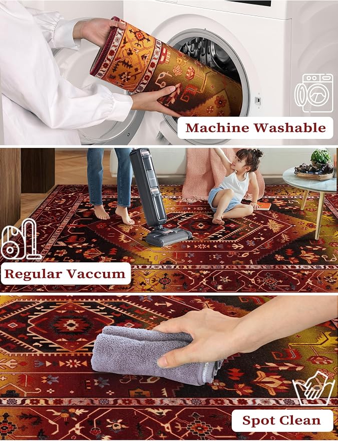 SERISSA Boho Washable Runner Rug, 2x6 Rug Runner Non-Slip Vintage Rustic Red
