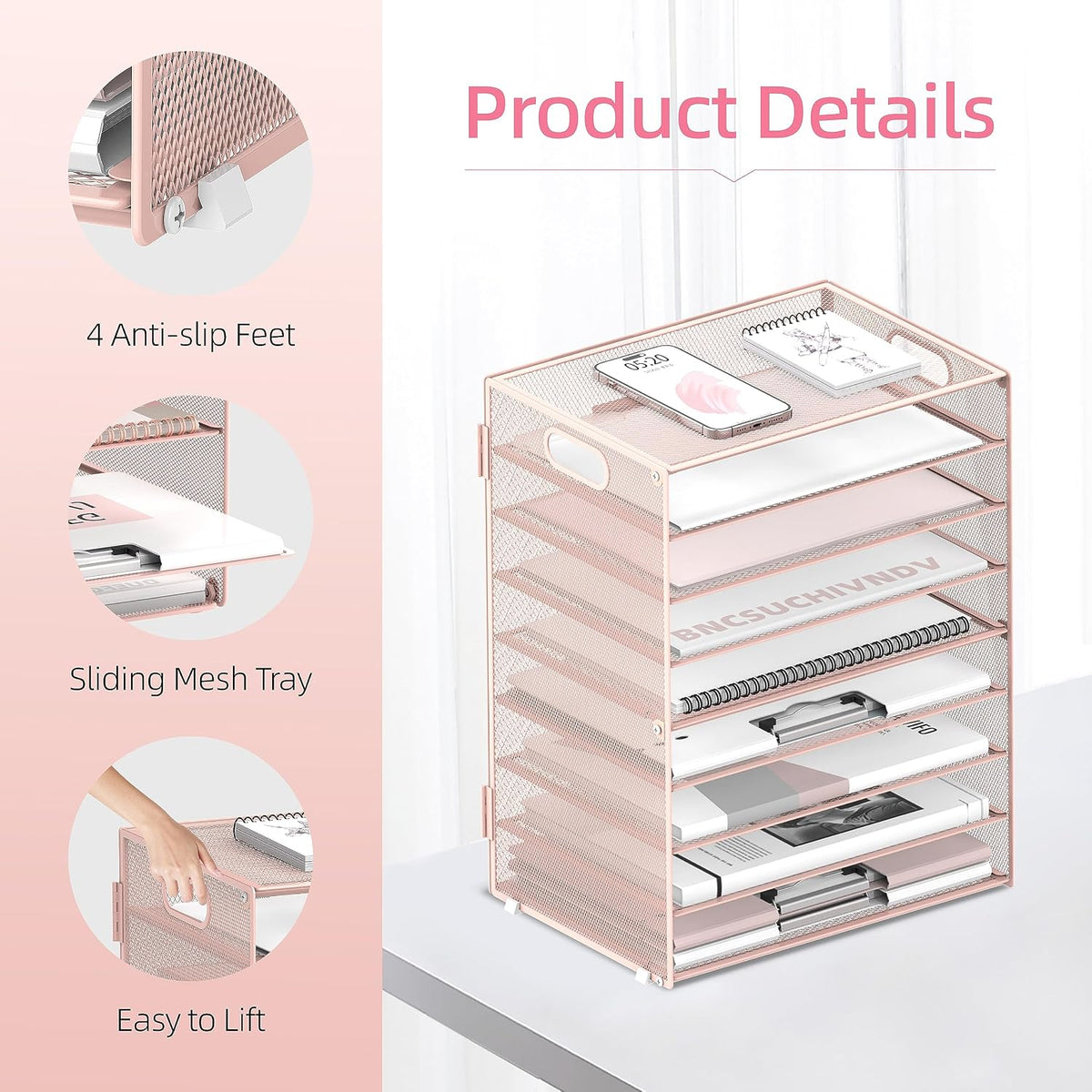 9-Tier Paper Organizer for Desk, Metal Mesh Letter Tray with Handles, Pink