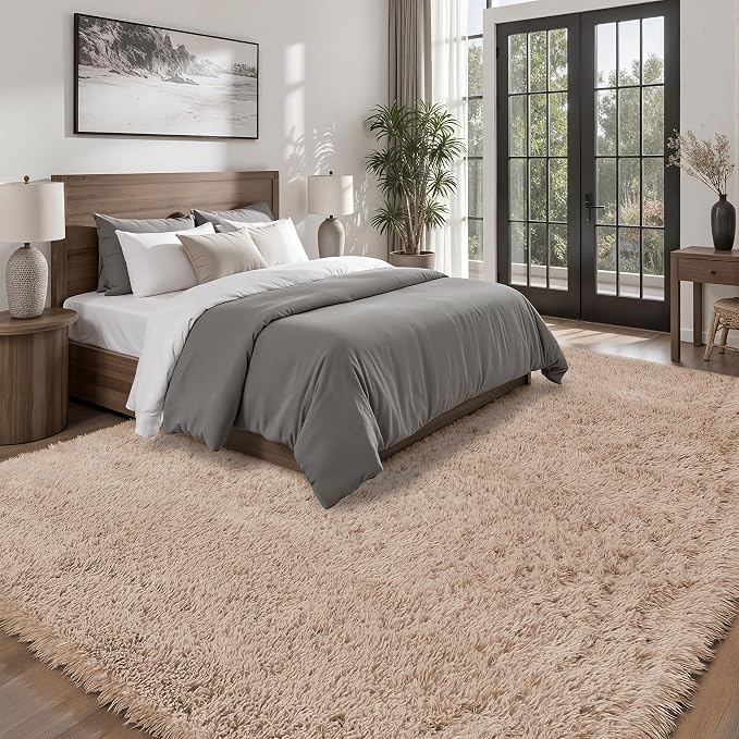 Area Rug for Living Room Bedroom: 9x12 Camel Soft Fluffy Shag Upgrade Non-Slip