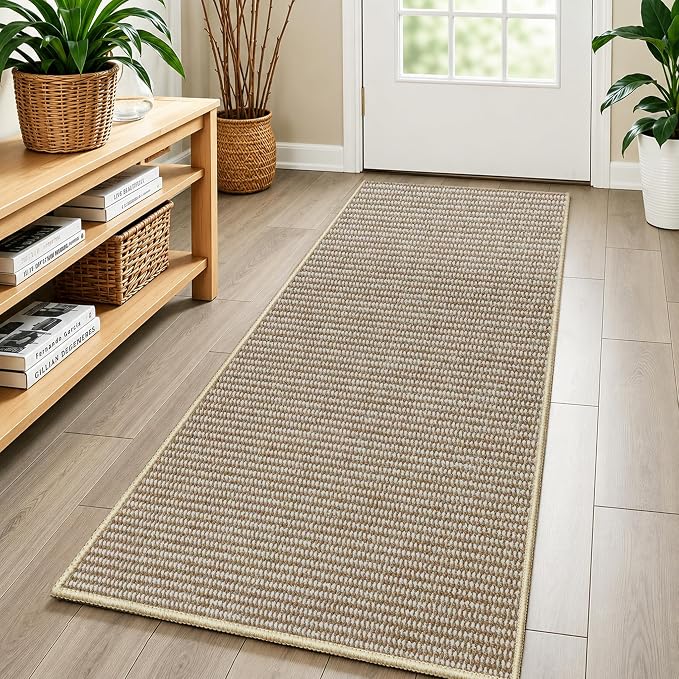 Faux Jute Hallway Runner Rug 2'x6', Washable & Non-Slip, Taupe & White | 0.27"