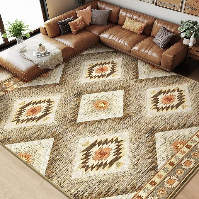 Area Rug 8x10 Rug Machine Washable Non-Slip Low Pile Print Pattern Western Rug