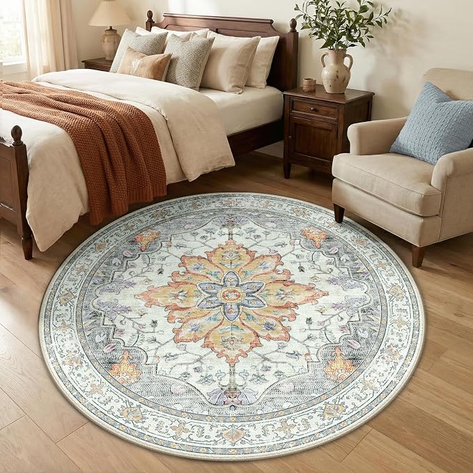 RELEANY Area Rugs Round 5ft Washable Non-Slip, Floral Vintage Distress