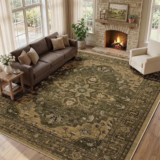 RELEANY Area Rugs Large 9'x12' Washable Non-Slip, Floral Vintage Distress