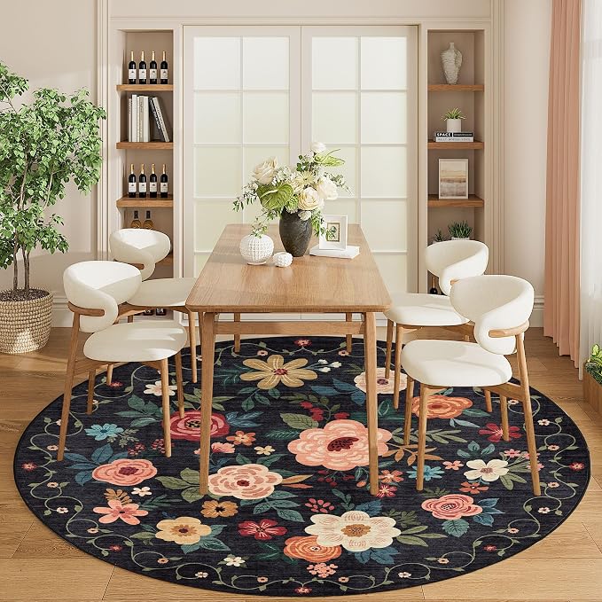 DUKINO Floral Round Rug, 6ft Washable Circle Rug, Non Slip Indoor Low Pile