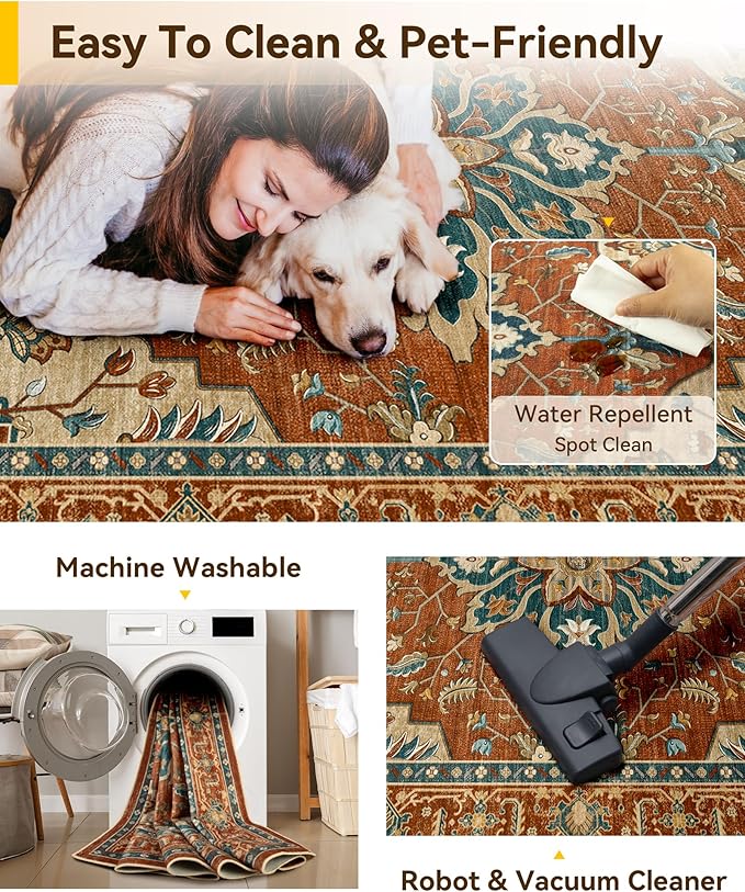 RELEANY Area Rugs Square 10ft Washable Non-Slip, Floral Vintage Distress
