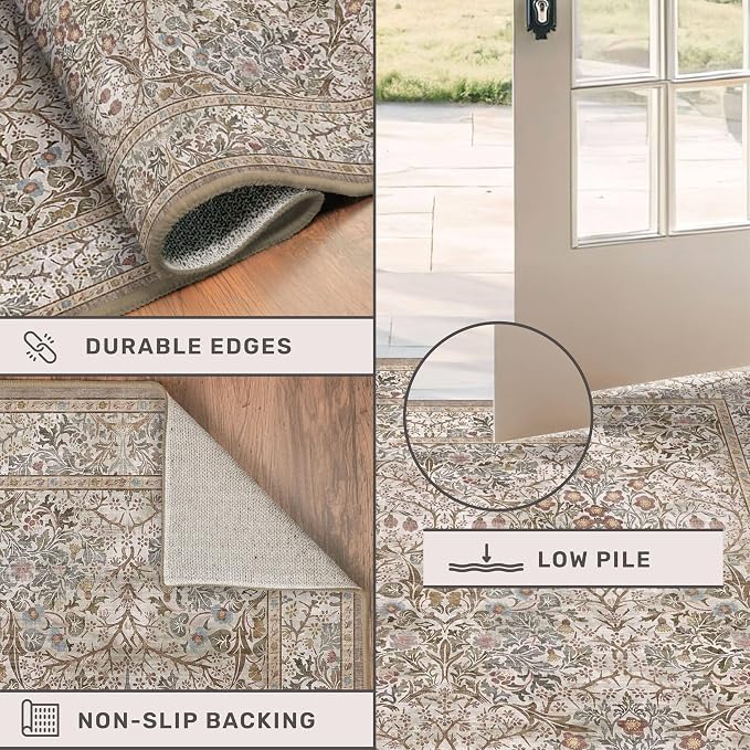 Hazo Haus Vintage Moss Green Living Room Rug, Neutral Taupe 8x10 Washable Area