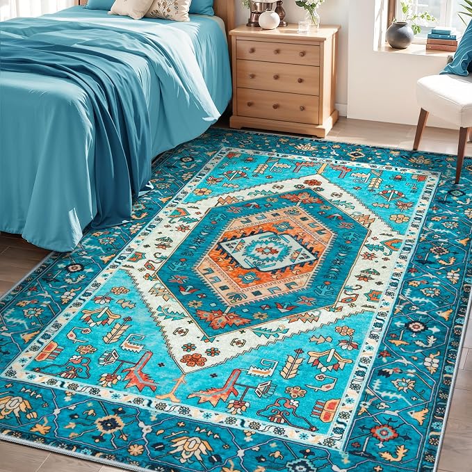 SERISSA 4x6 Boho Bedroom Rug, Washable Non Slip Vintage Blue Area Rugs