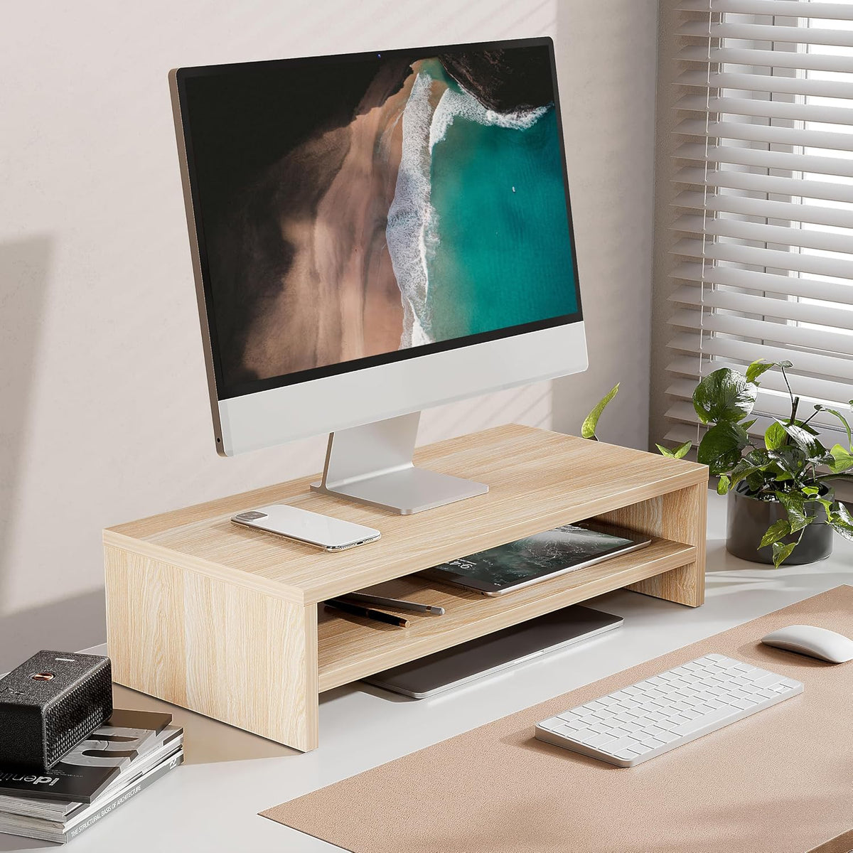 FITUEYES Wooden Monitor Stand Riser, 2-Tier Desk Storage Shelf, Oak