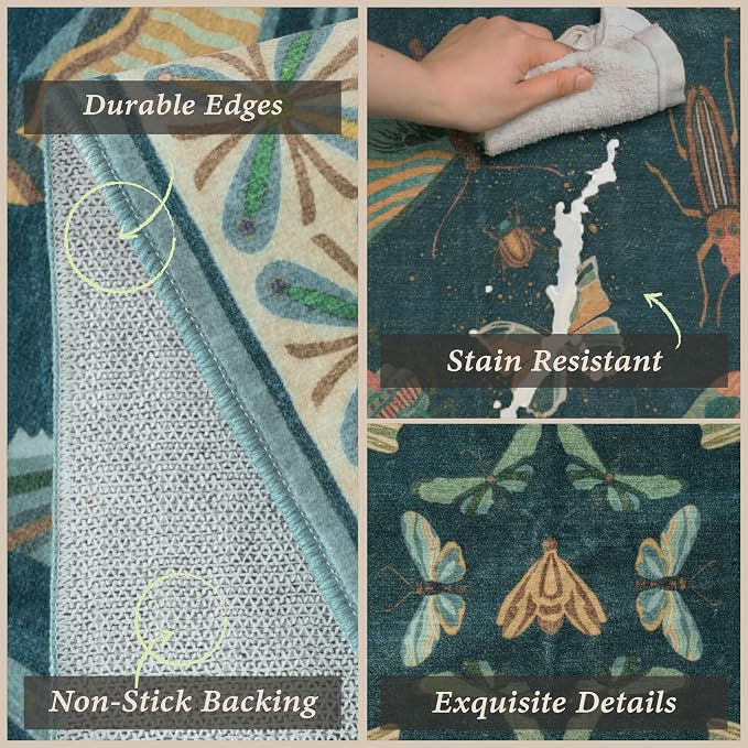 JTJ Botanical Insect Kitchen Rug Set of 3, Washable and Non-Slip Low Pile Floor