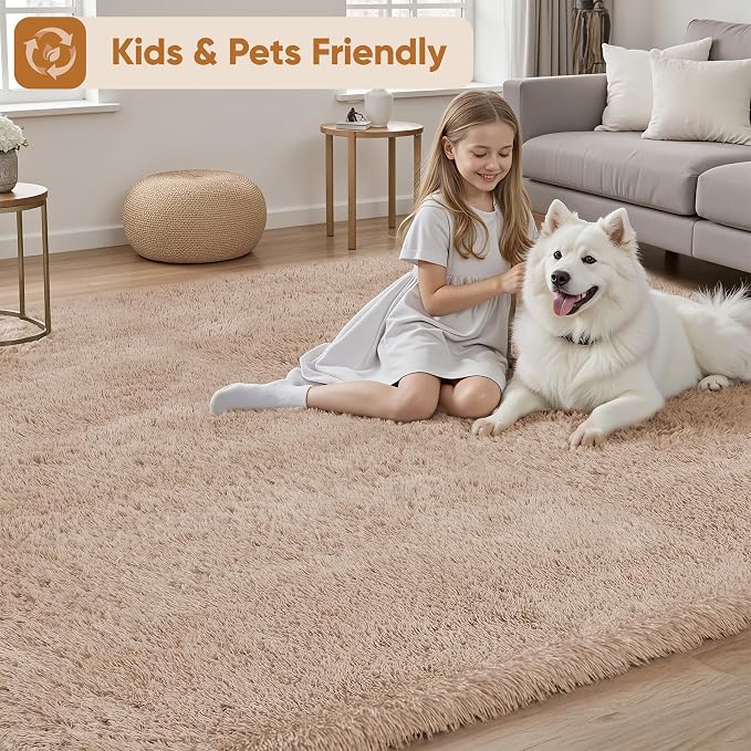 Area Rug for Living Room Bedroom: 9x12 Camel Soft Fluffy Shag Upgrade Non-Slip
