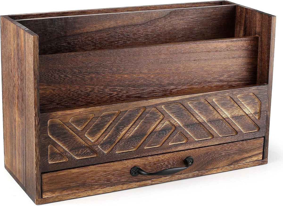 Wood Office Desk Organizers and Storage, Wood Mail Bill Organizer with Drawer for Desktop Organization, Desk Accessories & Workspace Organizers, File Paper Holder Desk Sorter for Storage(Rustic Brown)