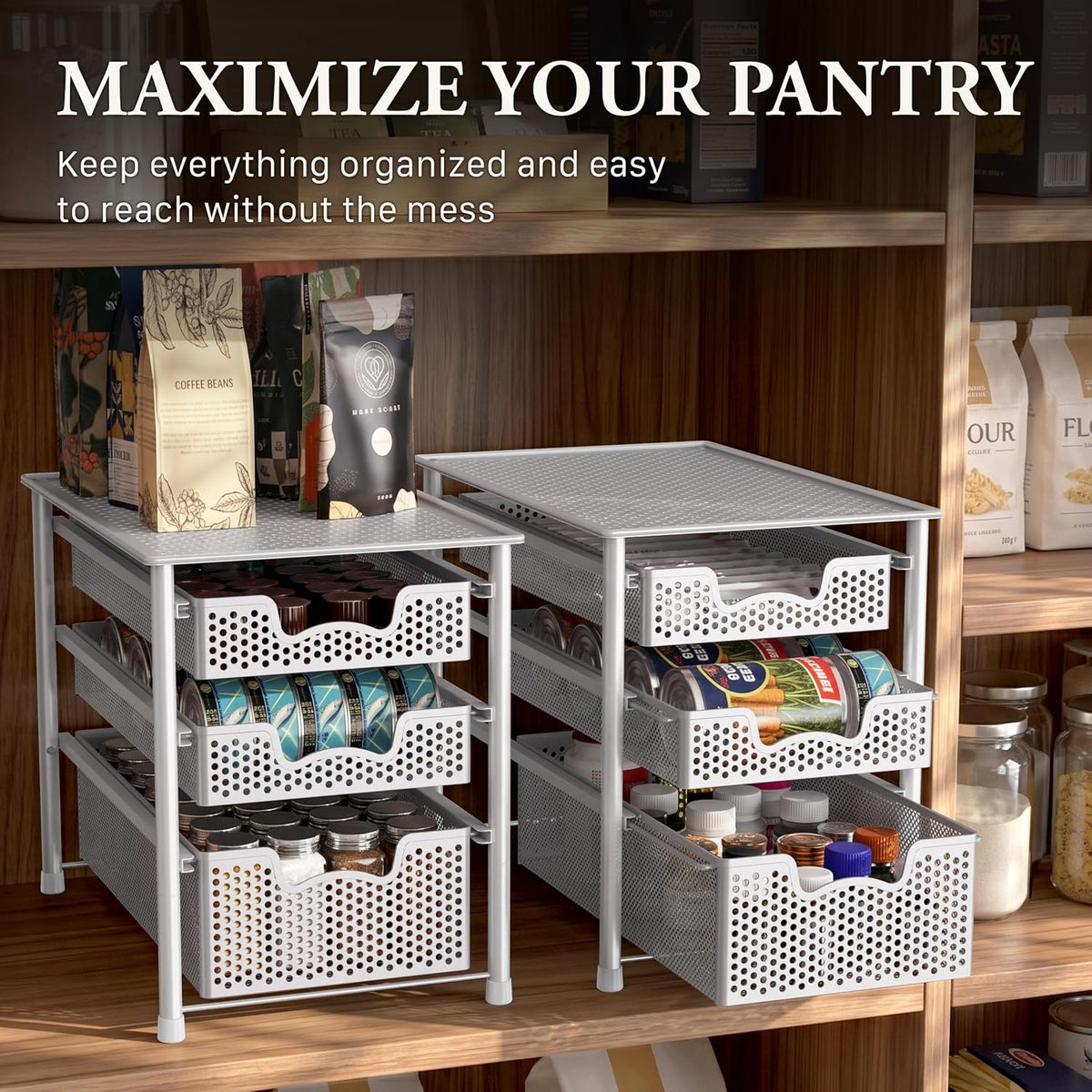 Simple Houseware 3 Tier White Alloy Steel Sliding Basket Organizer Drawer Cabinet