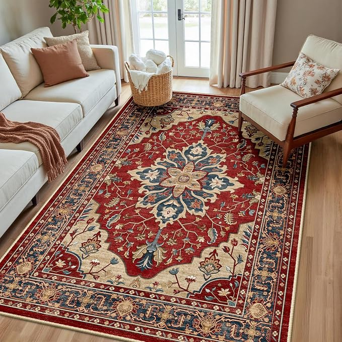 RELEANY Area Rugs 5'x8' Washable Non-Slip, Floral Vintage Distress Medallion