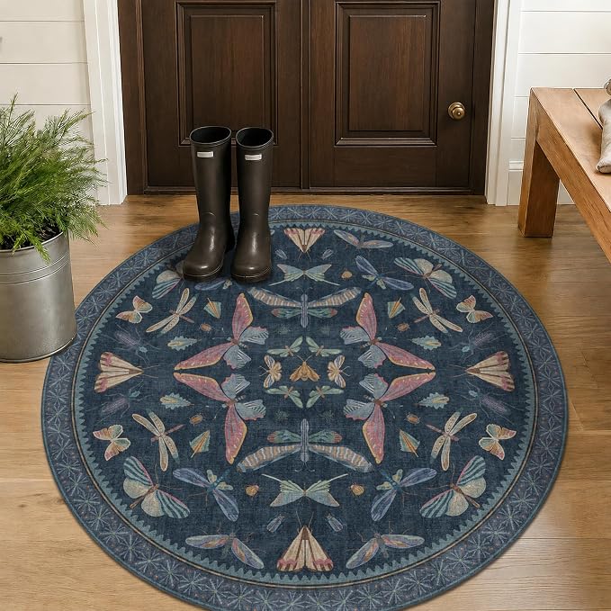 5ft Round Dark Blue Rug for Entryway Indoor, Soft Washable Circle Throw Rug for