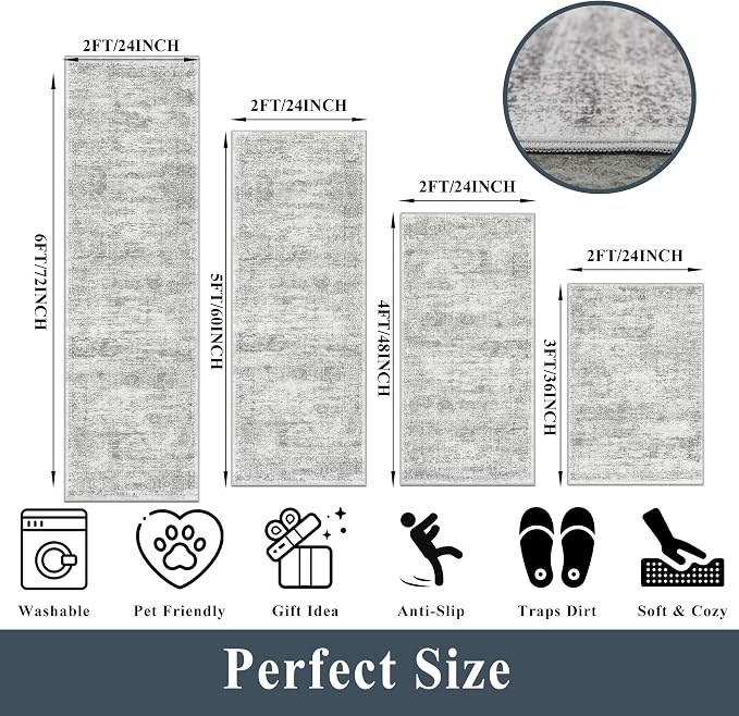 Washable Kitchen Rugs Sets of 4, Non Slip Standing Mat Rug, Stain Resistant