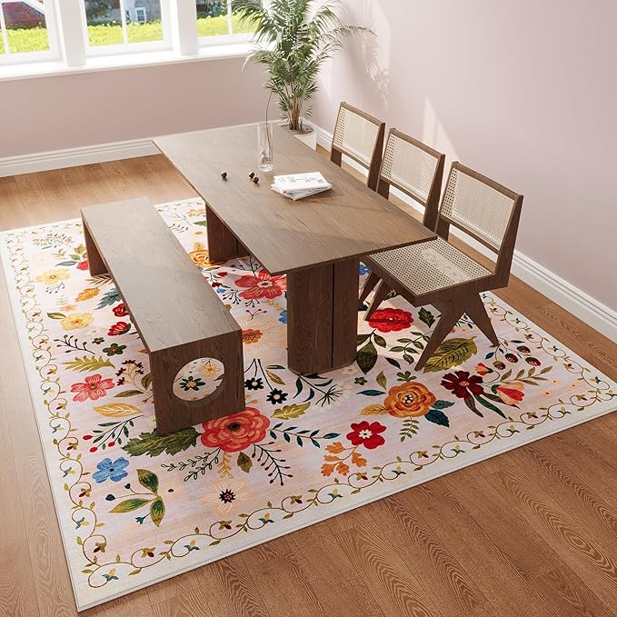 Rugcomf Living Room Rug 5x7 Rug Machine Washable Boho Area Rug Non Slip Floral