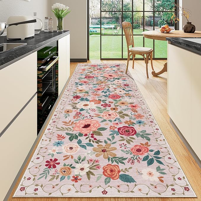 DUKINO 3x10 Runner Rug for Hallway, Washable Kitchen Floral Runner Rug