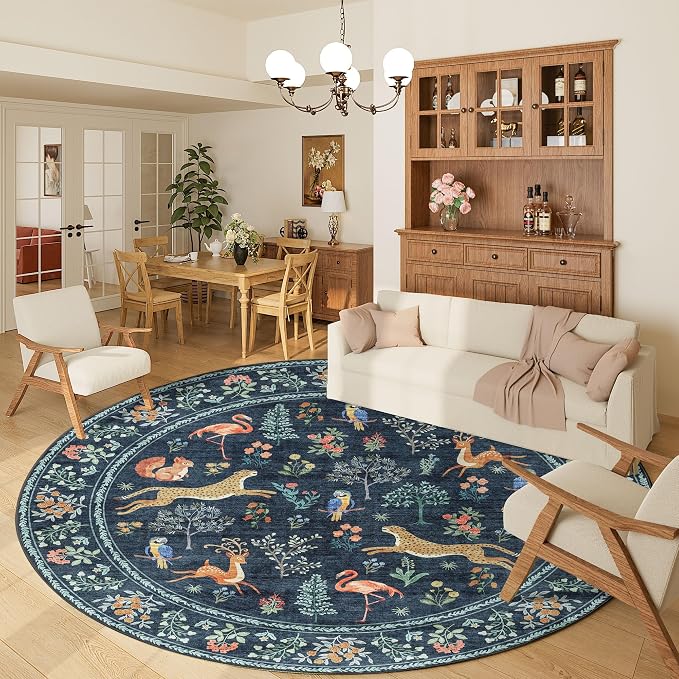 DUKINO 6ft Round Rug for Bedroom, Animal Print Washable Circle Rug