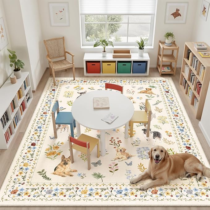Soalmost Dog 8x10 Area Rugs for Living Room, Machine Washable Animal Floral