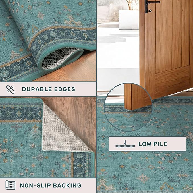 Washable 5x8 Teal Rug for Living Room, Boho Area Rugs for Bedroom Under Bed