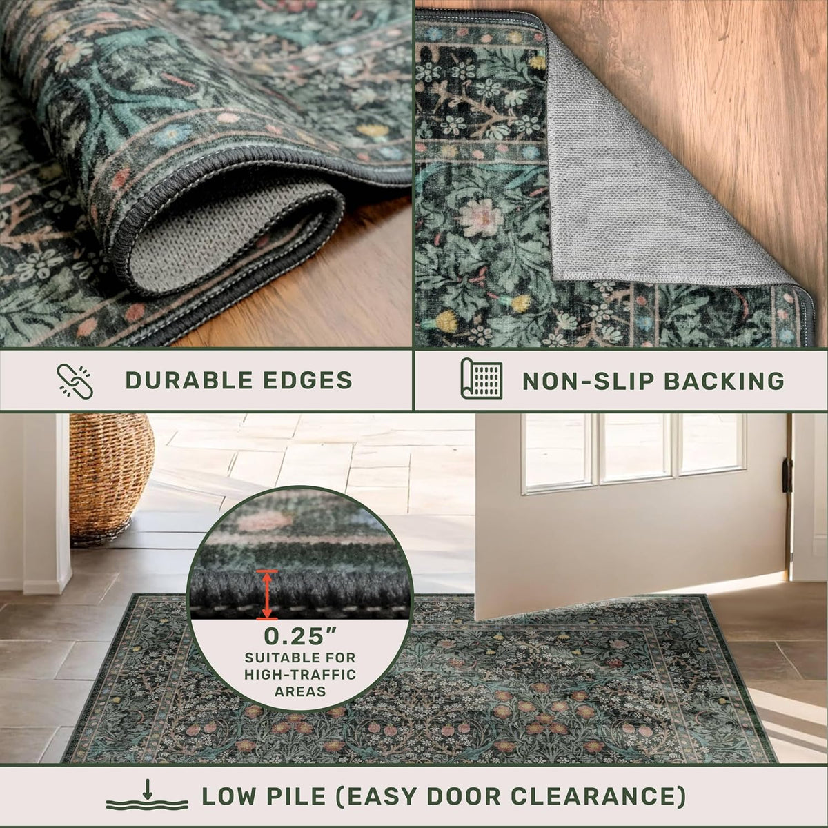 Dining Room Rugs for Under Table - 6x9 Washable Dark Green Oriental Area Rug for Living Room, Low Pile Non-Slip Floor Carpet for Bedroom - Vintage Design & Stain Resistance (6x9 Dark Green)