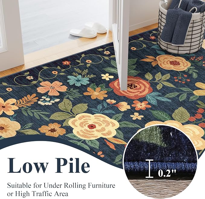 DUKINO Floral Round Rug, 4ft Washable Circle Rug, Non Slip Indoor Low Pile
