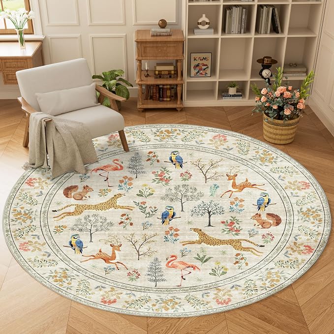 DUKINO 6ft Round Rug for Bedroom, Animal Print Washable Circle Rug
