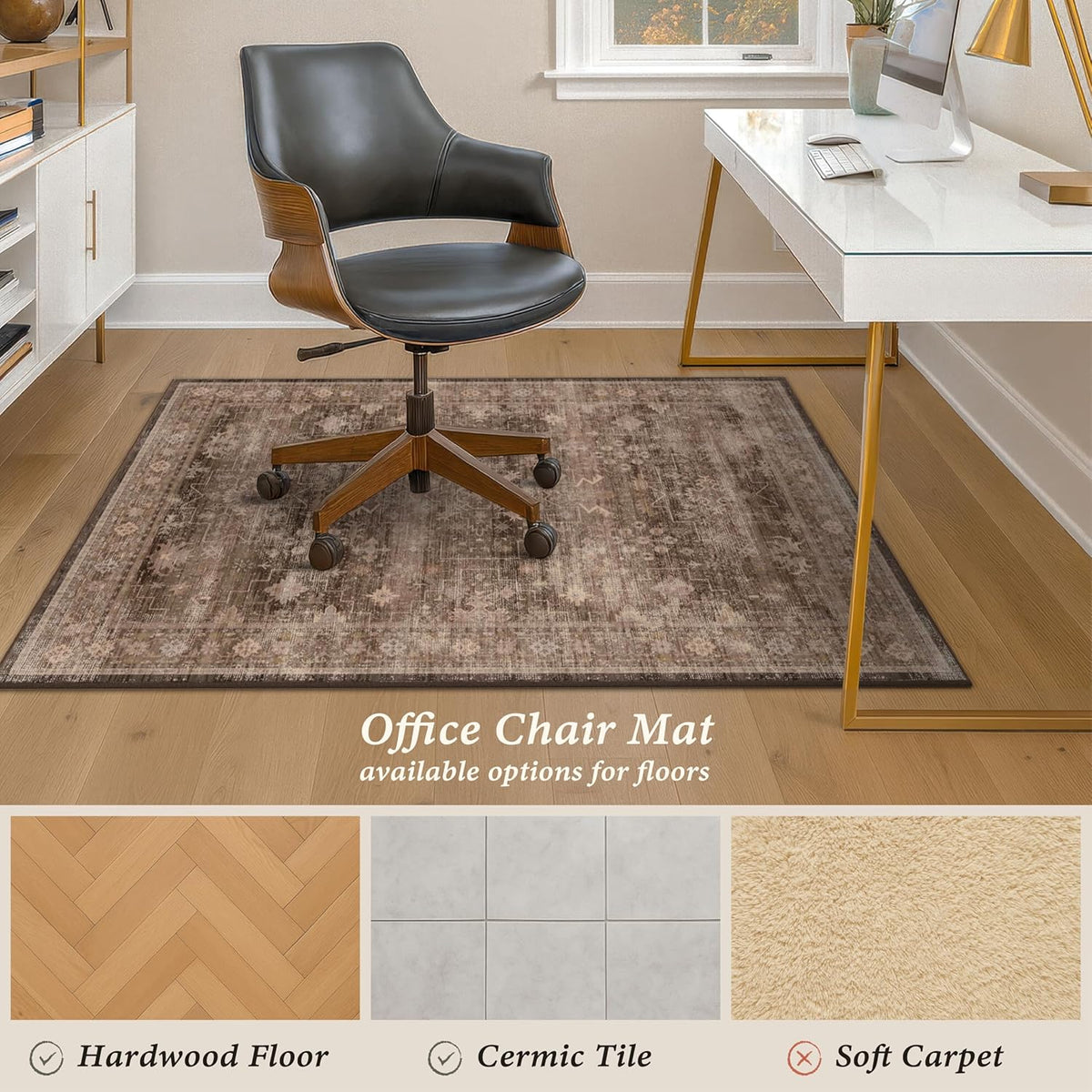JTJ Desk Chair Mat for Hardwood & Tile Floors, 36" x 48" Vintage Office Rug