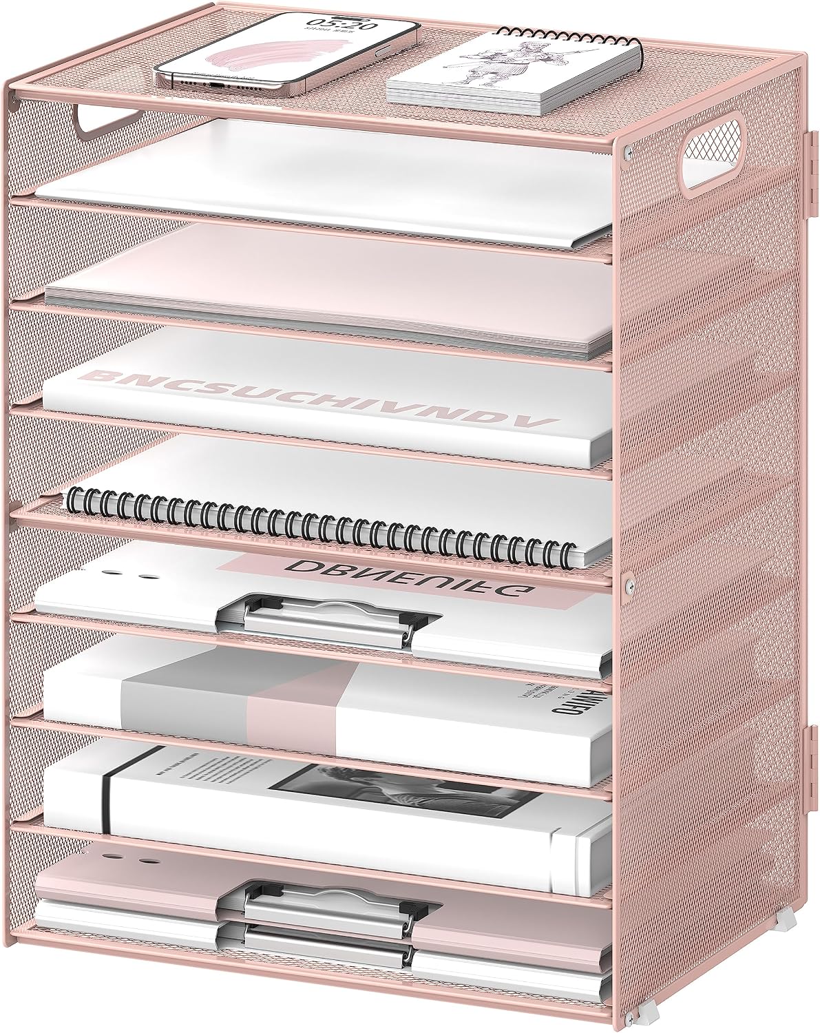 9-Tier Paper Organizer for Desk, Metal Mesh Letter Tray with Handles, Pink