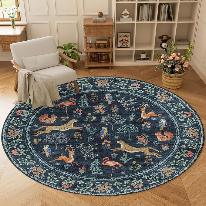 DUKINO 6ft Round Rug for Bedroom, Animal Print Washable Circle Rug