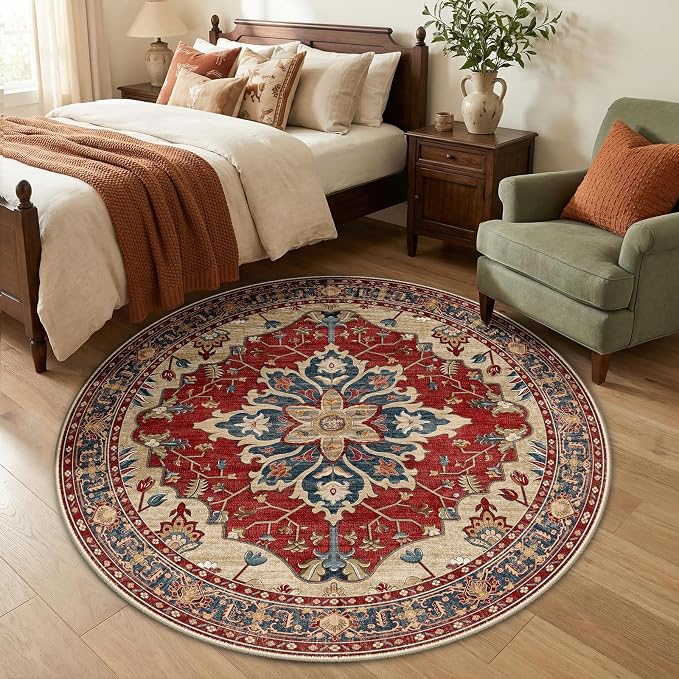 RELEANY Area Rugs Round 5ft Washable Non-Slip, Floral Vintage Distress