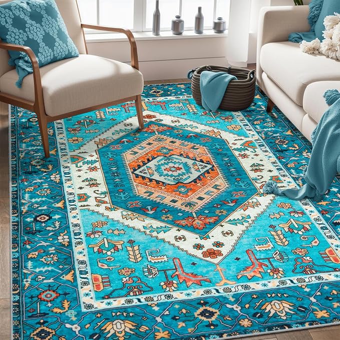 SERISSA 4x6 Boho Bedroom Rug, Washable Non Slip Vintage Blue Area Rugs