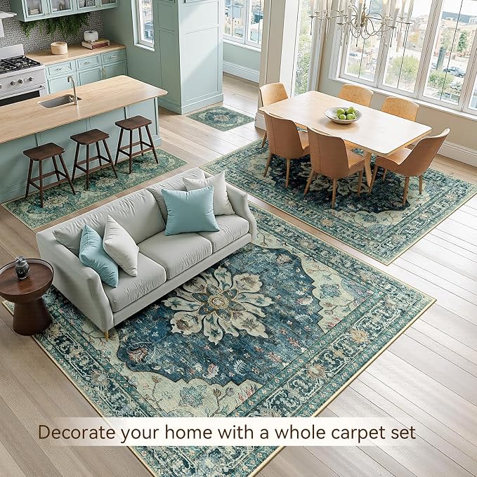 RELEANY Area Rugs 6'x9' Washable Non-Slip, Floral Vintage Distress Medallion